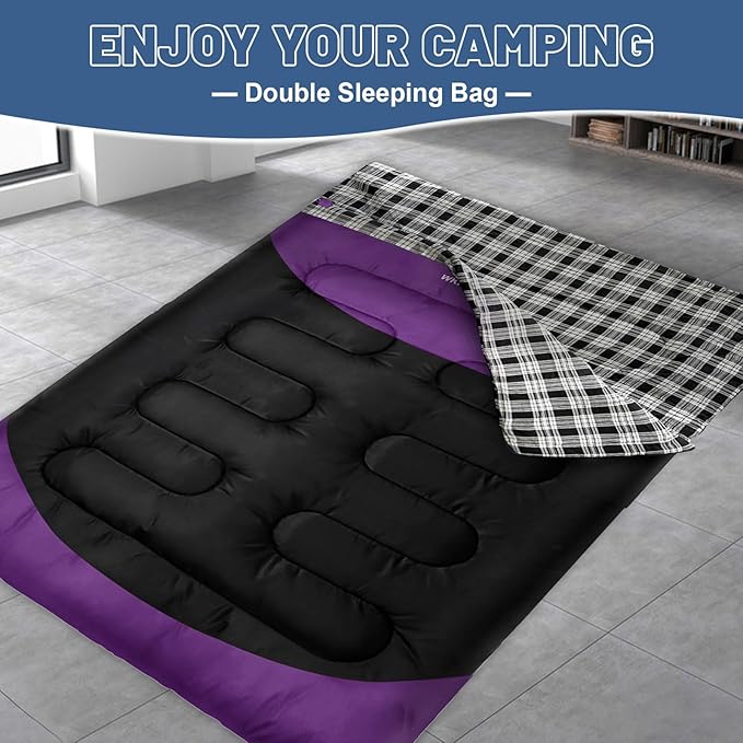 Double Sleeping Bag for Adults Machine Washable 2 Person Camping Sleeping Bag Queen Size Waterproof with Compression Sack for Cold Weather 3-4 Seasons