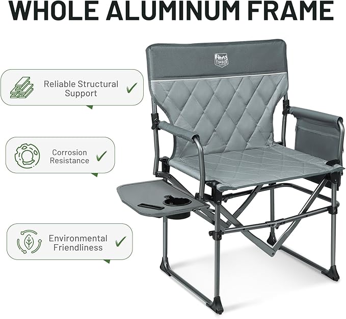 Timber Ridge Aluminum Camping Directors Chair with Side Table Pocket, Portable Folding Chair, Heavy Duty Lawn Chair for Fishing Trip Picnic Concert Outdoor 400lbs, Grey