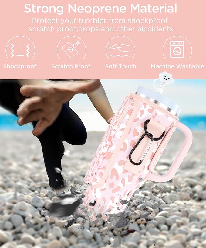 dabria Water Bottle Carrier Bag with Phone Pocket for Stanley 40/30 oz Tumbler Neoprene Water Bottle Holder Pouch with Adjustable Strap Bollus with Straw Cover & Carabiner for Stanley Cup Accessories