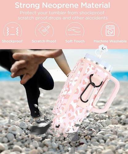 dabria Water Bottle Carrier Bag with Phone Pocket for Stanley 40/30 oz Tumbler Neoprene Water Bottle Holder Pouch with Adjustable Strap Bollus with Straw Cover & Carabiner for Stanley Cup Accessories