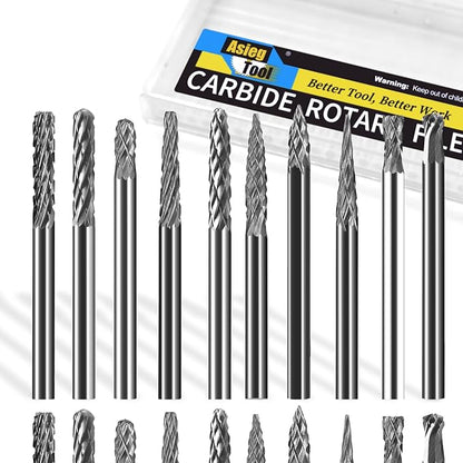 Mini Carbide Burrs Set 1/8’’ Shank Solid Tungsten Carbide Burrs with 1/8’’ Cutting Head Double Cut Rotary File for Die Grinder Rotary Drill Tool 20pcs for Carving Grinding Engraving Polishing Bit
