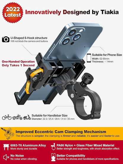 Tiakia Bike Phone Mount Holder, Aluminum Motorcycle Phone Mount, Handlebar Mounted Cell Phone Holder for Bike, 360° Rotation, Universal Bicycle Phone Mount for 4.5-7 Inch Phones
