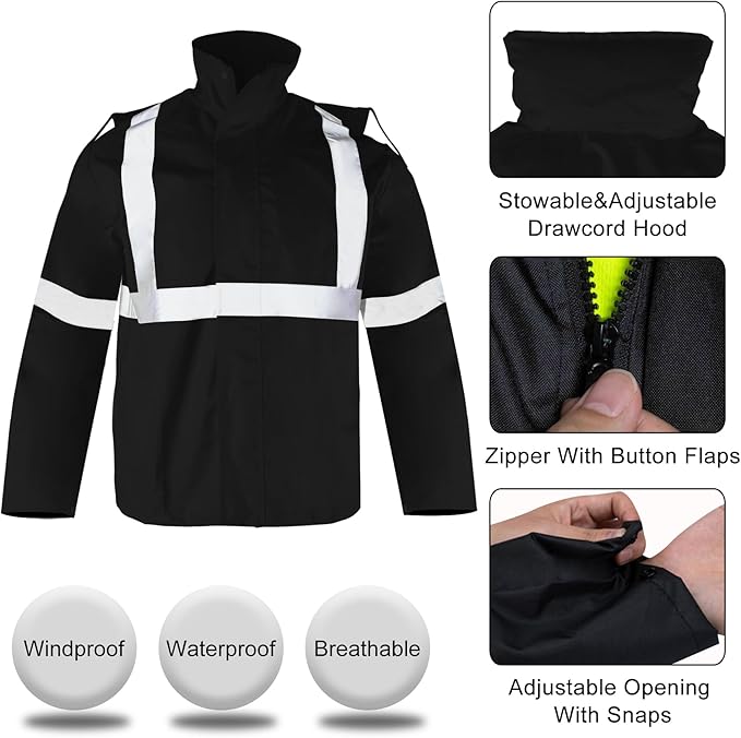 Hi Vis Reflective Safety Rain Jacket and Pants for Men 300D Oxford Waterproof Rain Gears Construction Work Jacket
