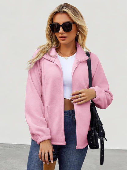 Womens Zip Up Fleece Jacket With 6 Pockets Casual Long Sleeve Fall Winter Fashion Outfits Clothes 2025