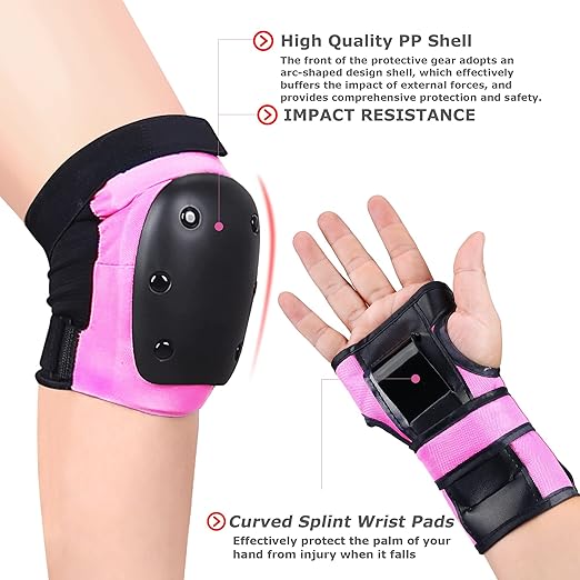 Adult/Child Knee Pads Elbow Pads Wrist Guards 3 in 1 Protective Gear Set for Skateboarding Inline Roller Biking Roller Skating Cycling Outdoor Sports Pink M