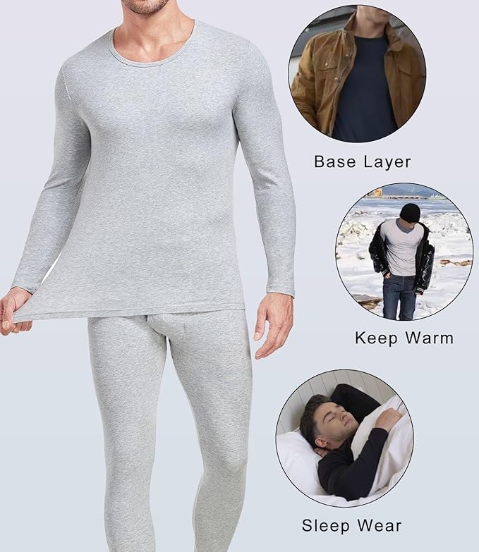 wirarpa Men's Cotton Long Johns Thermal Underwear Set Base Layer Lightweight Long Sleeve Top and Bottom