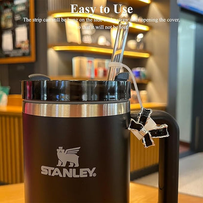 Epoxy Bow Straw Toppers for Stanley Cups -4PCs Cute Straw Cover Caps Silicone Stanley Cup Accessories Compatible with 12 20 30 40 Oz Tumblers in Pink Black White Yellow with Storage Case