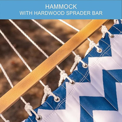Lazy Daze Hammocks 12FT Quilted Fabric Double Hammock with Spreader Bars and Detachable Pillow, 2 Person Hammock for Outdoor Patio Backyard Poolside, 450 LBS Weight Capacity, Blue Chevron Stripe