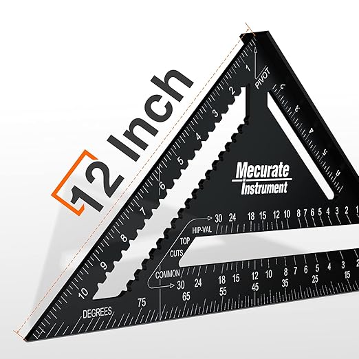 Mecurate 12 Inch Heavy-Duty Aluminum Alloy Triangle Rafter Square, Durable Carpenter's Layout Tool with Easy-to-Read Scales for Angle Measurement, Marking & Cutting Guide