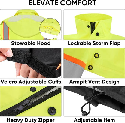 TICONN Reflective Rain Jacket Safety Jacket, Waterproof Hi Vis Rain Coat, Class III High Visibility Coat (Yellow&Black, S)