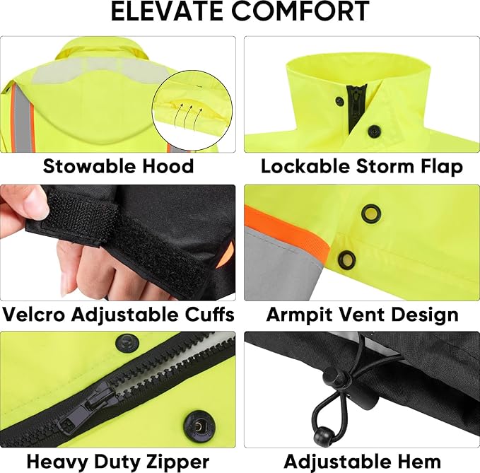 TICONN Reflective Rain Jacket Safety Jacket, Waterproof Hi Vis Rain Coat, Class III High Visibility Coat (Yellow&Black, S)