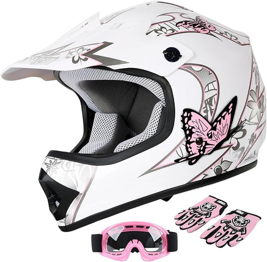 SLMOTO Dot Youth Kids Helmet Motocross Offroad Street Helmet Motorcycle Helmet Dirt Bike Motocross ATV Pink Butterfly Design Helmet+Goggles+Gloves