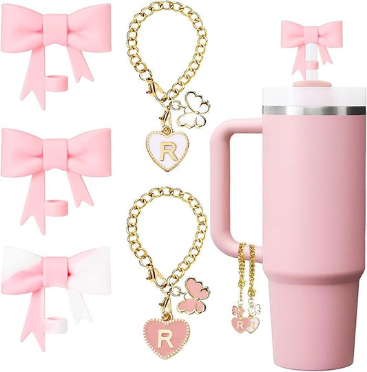 Pink Bow for Stanley Straw Topper- 3pcs Cute Cup Bow Straw Cover Silicone Cap 10mm with 2pcs Initial Letter Charms Name Id Personalized Accessories 40/30 Oz Tumbler Water Bottle Cups R