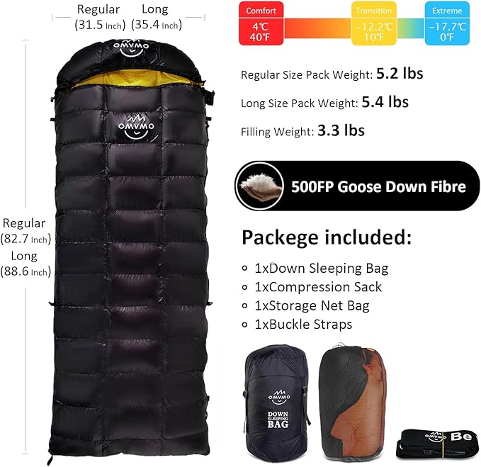 0 20 Degrees F Down Sleeping Bag for Adults,4 Season Cold Weather Rectangle Wearable Down Sleeping Bag for Camping Hiking,Can be Used as Blanket Quilt or Cloak,with Mesh Sack Buckle Strap