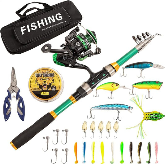 I00000 Fishing Rod and Reel Combos with Fiberglass Telescopic Fishing Pole - Spinning Reel Fishing Carrier Bag, Freshwater and Saltwater Fishing Rod Kit,Travel Fishing Kit for Bass Trout