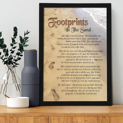 Footprints in the Sand Religious Canvas Wall Art Posters, Inspirational Beach Sunset Poem Print Poster (Black Framed 12x18inch, Footprints(3))