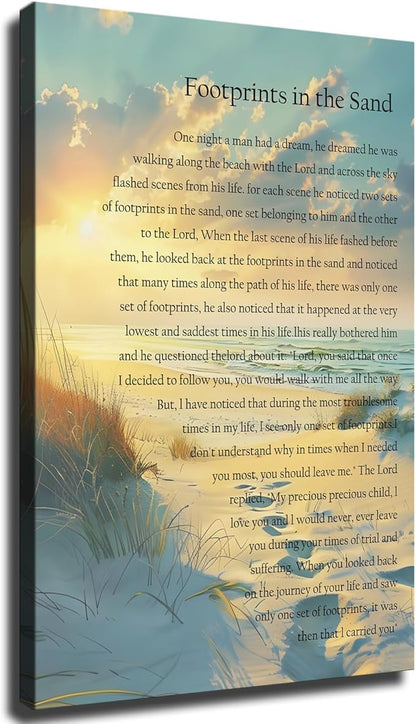 Footprints In The Sand Wall Art Religious Poem Poster Canvas Painting Picture Printing Living Room Bedroom Decoration Framed (24x36inch-Framed)