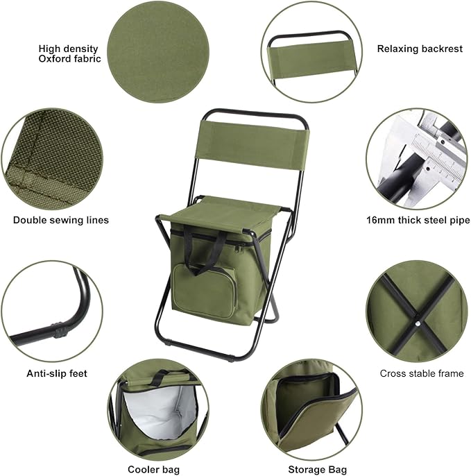 LEADALLWAY Fishing Chair with Cooler Bag Compact Fishing Stool Foldable Camping Chair
