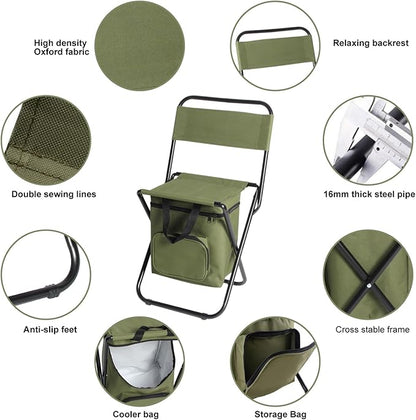 LEADALLWAY Fishing Chair with Cooler Bag Compact Fishing Stool Foldable Camping Chair