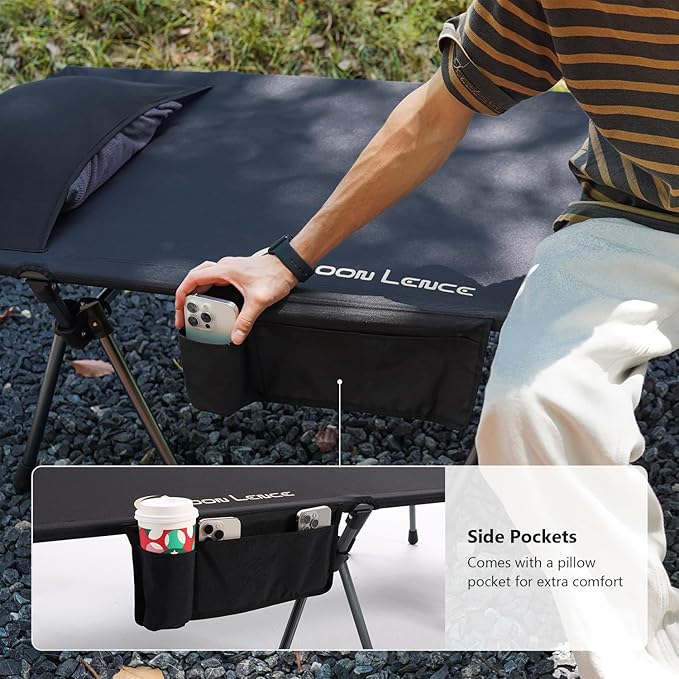 MOON LENCE Height Adjustable Camping Cot - Supports 330 lbs, Portable Folding Bed with Leg Extenders & Camping Pillow for Camping, Hiking, Sleeping, 1 Pack, Black
