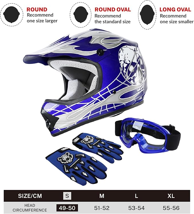 SLMOTO Dot Youth Kids Helmet Motocross Offroad Street Helmet Motorcycle Helmet Dirt Bike Motocross ATV Blue Skull Design HelmetGogglesGloves Small, Blue 2