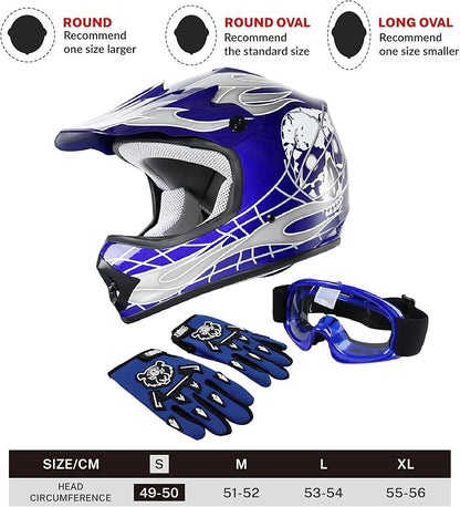 SLMOTO Dot Youth Kids Helmet Motocross Offroad Street Helmet Motorcycle Helmet Dirt Bike Motocross ATV Blue Skull Design HelmetGogglesGloves Small, Blue 2