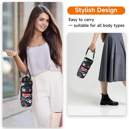 32/40/64/128 oz Neoprene Insulated Water Bottle Carrier Bag, Sling Bag Sleeve Pouch Holder with Strap & Paracord Handle and 2 Pocket for Travelling, Hiking, Camping