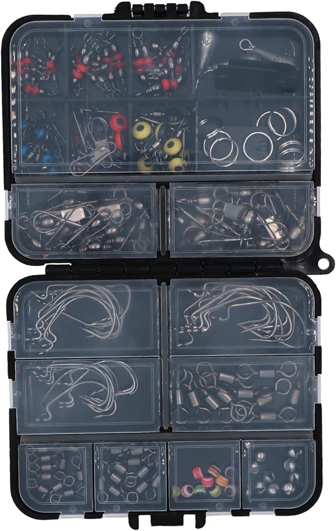 Fishing Accessories Kit with Hooks, Bass Casting, Sinkers, Swivels, Snaps, Sinker Slides, Line Beads, Fishing Set with Tackle Box Lanyard