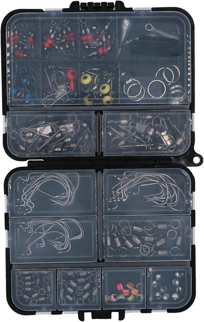 Fishing Accessories Kit with Hooks, Bass Casting, Sinkers, Swivels, Snaps, Sinker Slides, Line Beads, Fishing Set with Tackle Box Lanyard