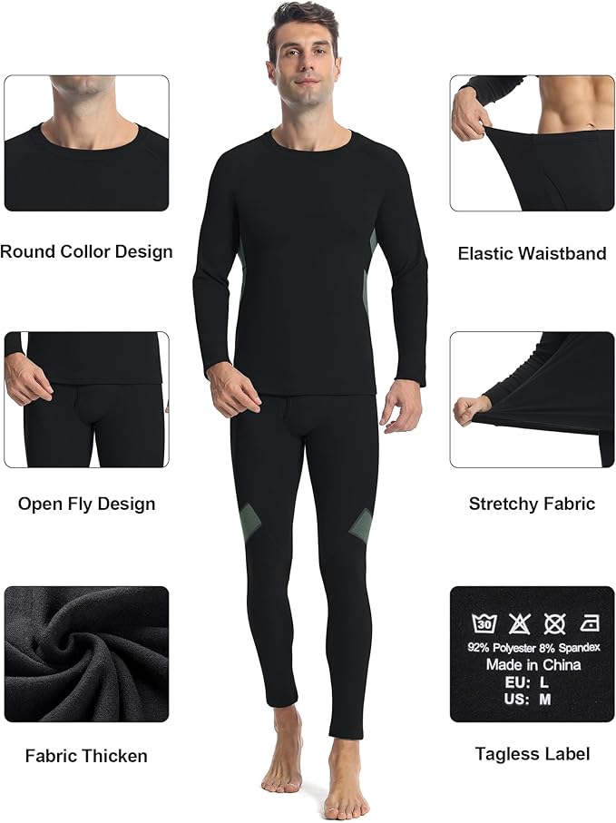 Runhit Mens Thermal Underwear Set：Fleece Lined Long Johns for Men Thermal Shirts and Pants Base Layer Cold Weather Thermals