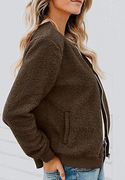 MIROL Women's Fall Trendy Fleece Jacket Faux Sherpa Fuzzy Casual Long Sleeve Zip Up Loose Fit Bomber Winter Coat