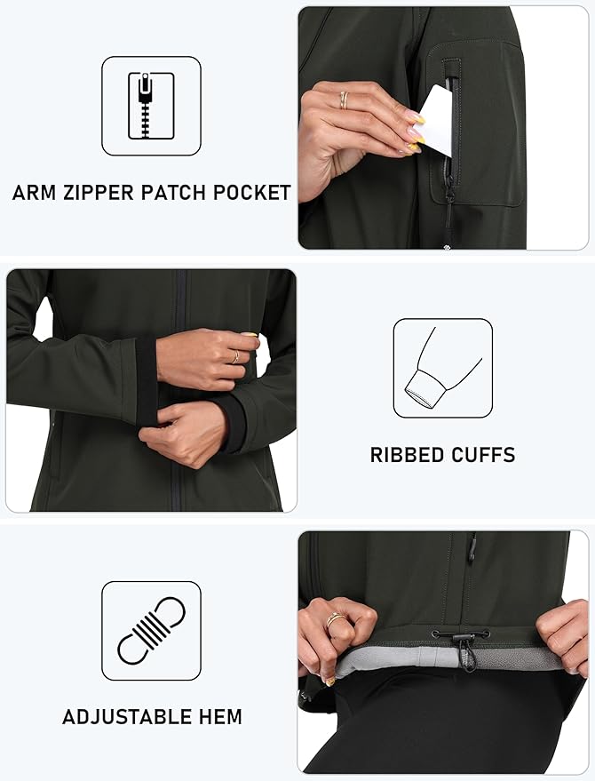 MoFiz Women's Fleece Lined Softshell Jacket Hooded Windproof Lightweight Insulated Jacket Full Zip Warm Coat