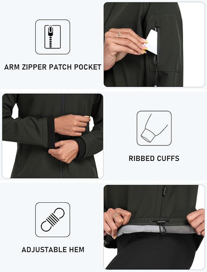 MoFiz Women's Fleece Lined Softshell Jacket Hooded Windproof Lightweight Insulated Jacket Full Zip Warm Coat