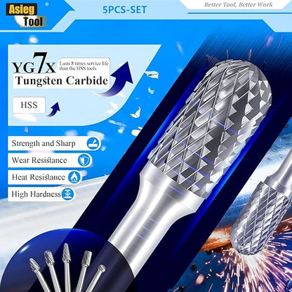 5pcs Tungsten Carbide Burrs Set with 1/4''Shank Double Cut Extended Long Solid Power Tools Carbide Rotary Files Bits for Die Grinder Metal Wood Carving Engraving Polishing Drilling Grinding Milling