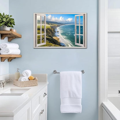 ANRUOXI Beach Window Canvas Wall Art, Enclosed Bedroom Living Room Ocean Coastal Channel Scene Picture, Tropical Sea Landscape Painting Print Artwork Horizontal Seascape Artwork for Bedroom 28x40 Inch