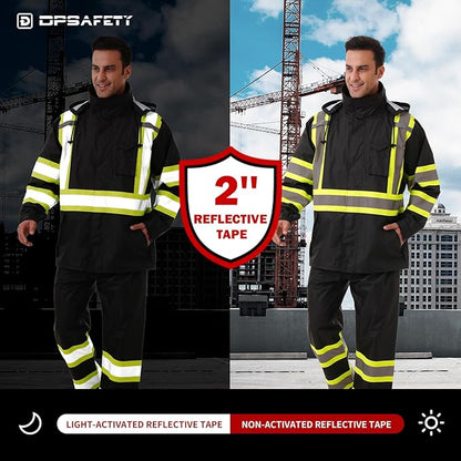 Hi Vis Safety rain Jacket，Reflective Class 3 Rain coat with Inner Mesh Lining and Pockets High Visibility Waterproof work Rain Suits for men&women（Black,SM/MD）