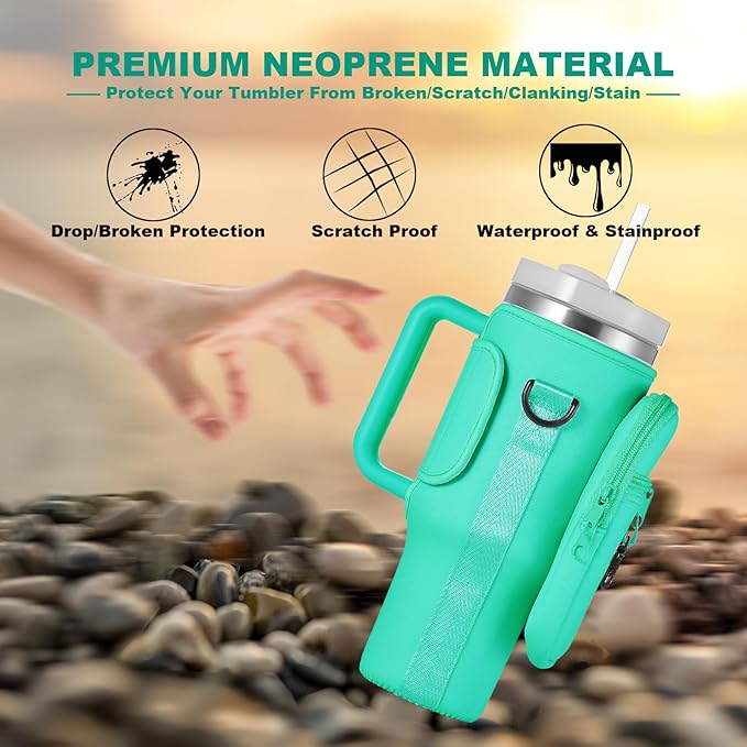 Water Bottle Carrier Bag with Phone Pocket for Stanley 40 & 30 oz Tumbler with Handle,Pink Insulated Neoprene Cup Holder Pouch w/Adjustable Strap for Quencher H2.0 Stanley Cup Accessories