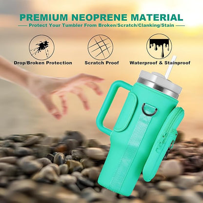 Water Bottle Carrier Bag with Phone Pocket for Stanley 40 & 30 oz Tumbler with Handle,Pink Insulated Neoprene Cup Holder Pouch w/Adjustable Strap for Quencher H2.0 Stanley Cup Accessories