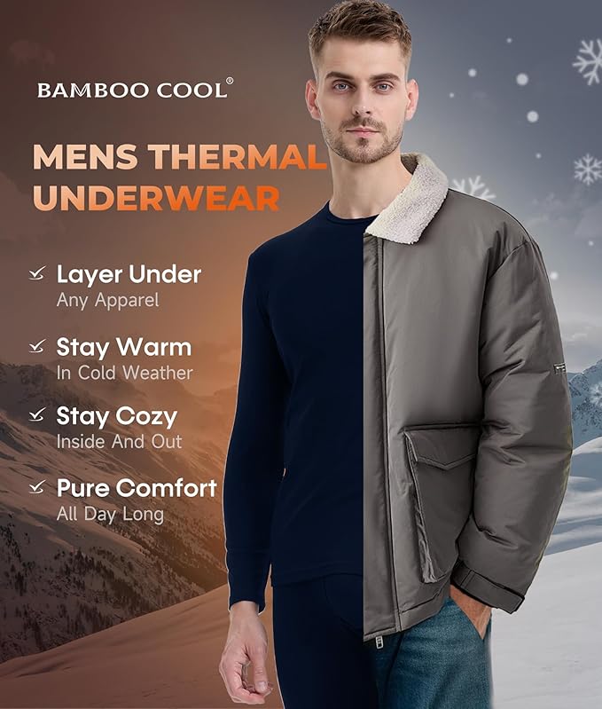 BAMBOO COOL Men's Thermal Underwear with Soft Fleece Lined Base Layer Cold Weather Top Bottom Gift Set