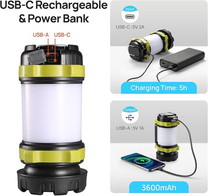 LED Camping Lantern Flashlight Rechargeable(Pack of 1), Consciot Portable Torch with 6 Light Modes, 3600mAh Power Bank, IPX4 Waterproof, USB C, Camping Lights for Hurricane, Emergency, Survival Kits