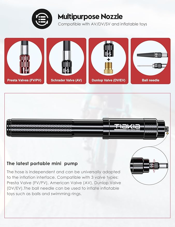 Tiakia Mini Bike Pump, Portable Bicycle Pump with Bracket, 260PSI High Pressure Frame Pump Air Hand Pump Fit Presta, Schrader & Woods Valves, Aluminum Alloy Tire Pump for Road/Mountain Bikes, Balls