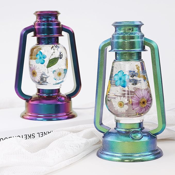 Actvty Kerosene Lamp Resin Mold Set, 2 Shapes Lantern Silicone Molds for Resin Casting, Camping Lantern Molds with 4pcs LED Lights DIY Retro Oil Lamps for Table Fireplace Home Decoration