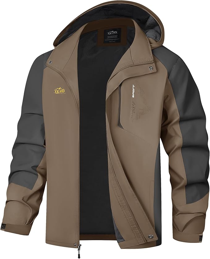 TEZO Mens Rain Jacket Waterproof with Hooded Hiking Coat Lightweight Windbreaker