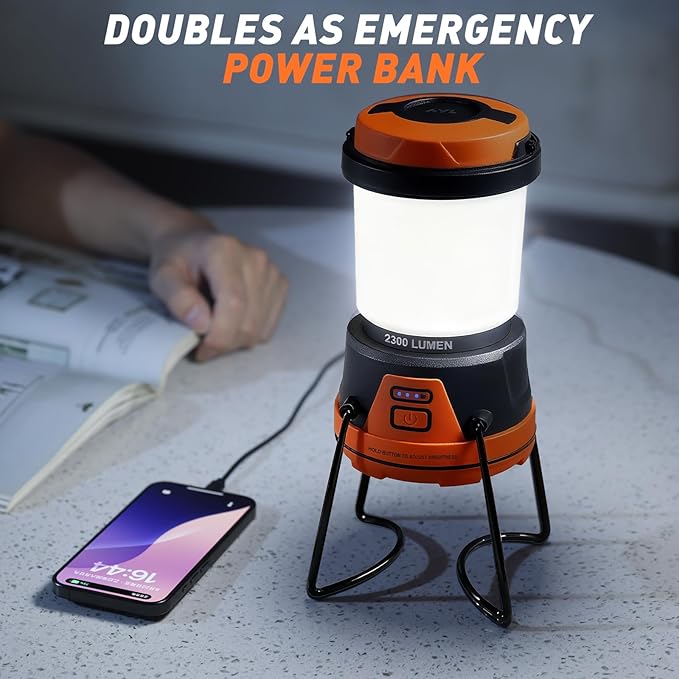 Rechargeable LED Camping Lantern - Power Outages, Hurricanes, Emergency, Hiking, Outdoor - Bright Battery Powered Electric Survival Light with Built-in Power Bank- Portable and Waterproof Camp Lantern