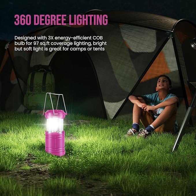 Lichamp LED Camping Lantern, 4 Pack Battery Powered Flashlight for Power Outages, Portable Collapsible Hanging Light Essential for Home, Outdoor, Emergency Lamp Survival Kit Gear for Hurricane, Pink