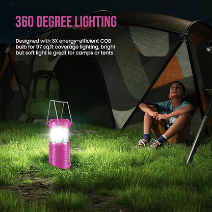 Lichamp LED Camping Lantern, 4 Pack Battery Powered Flashlight for Power Outages, Portable Collapsible Hanging Light Essential for Home, Outdoor, Emergency Lamp Survival Kit Gear for Hurricane, Pink