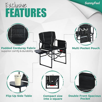 SUNNYFEEL Camping Directors Chair, Heavy Duty,Oversized Portable Folding Chair with Side Table, Pocket for Beach, Fishing,Trip,Picnic,Lawn,Concert Outdoor Foldable Camp Chairs