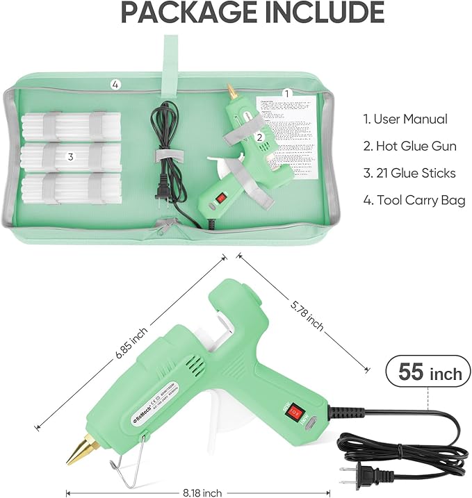 ROMECH Full Size Hot Glue Gun with 60/100W Dual Power and 21 Hot Glue Sticks (7/16"), Fast Preheating Heavy Duty Industrial Gluegun with Storage Case for Crafting, DIY and Repairs (Light Green)