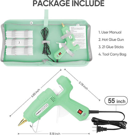 ROMECH Full Size Hot Glue Gun with 60/100W Dual Power and 21 Hot Glue Sticks (7/16"), Fast Preheating Heavy Duty Industrial Gluegun with Storage Case for Crafting, DIY and Repairs (Light Green)