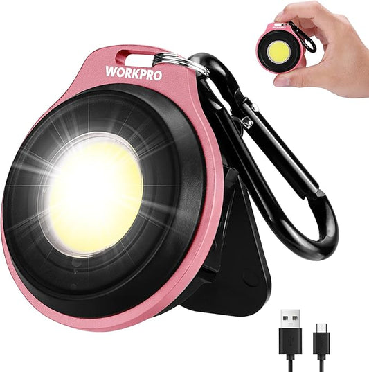 WORKPRO COB Keychain Work Light, Rechargeable Magnetic Keychain Flashlight, Mini Pocket Carabiner Flashlight with Hat Clip, 3 Light Modes Emergency Light for Camping, Hiking and Fishing, Pink Ribbon